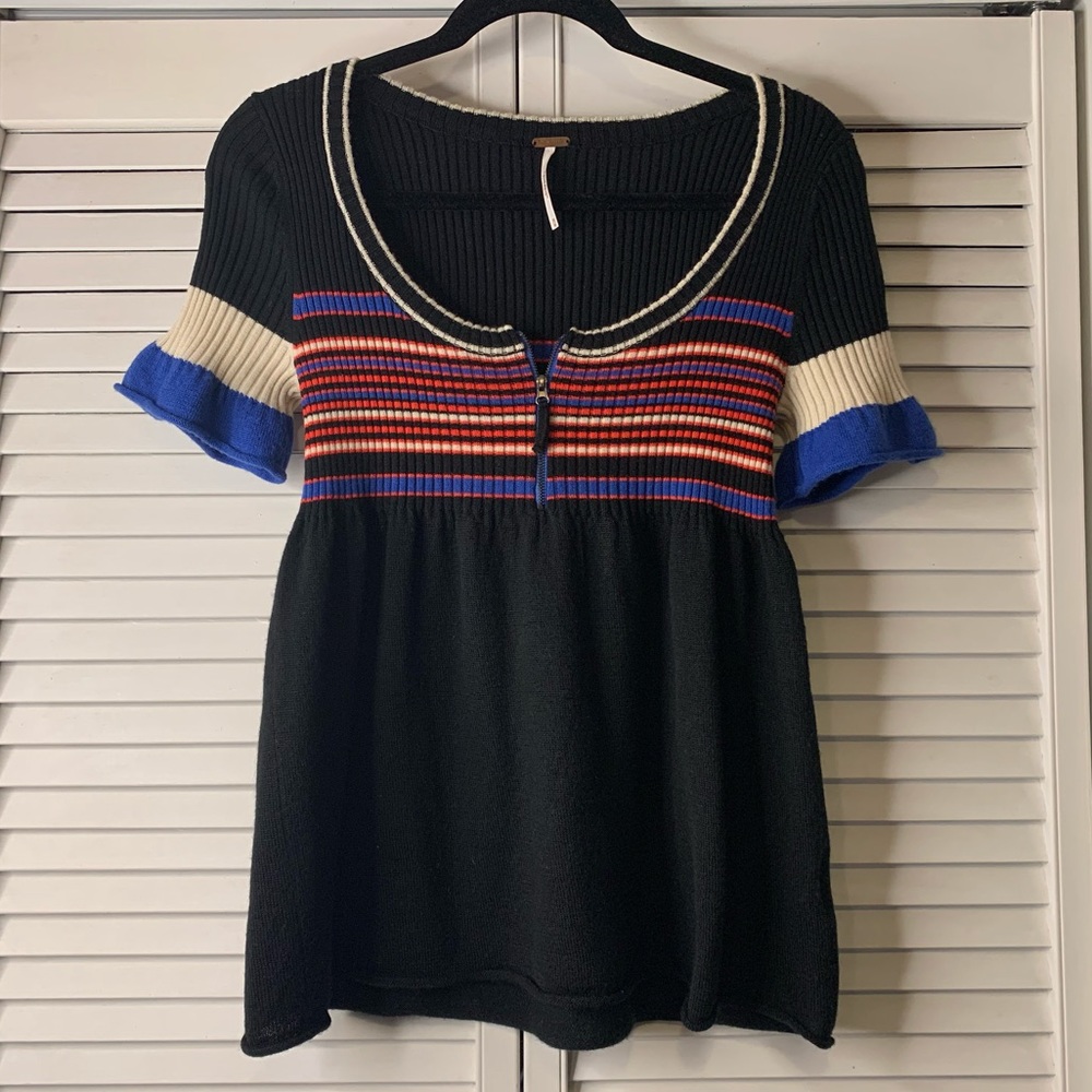 Free People Striped Zip Up Short Sleeve Cable Knit Top